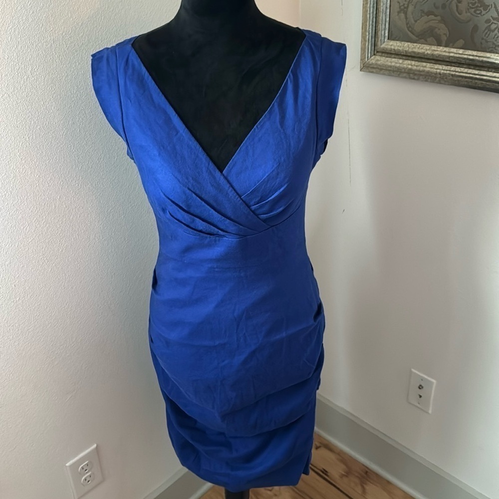 Artelier Nicole Miller blue crossed top ruched back linen blend dress Szโ 6